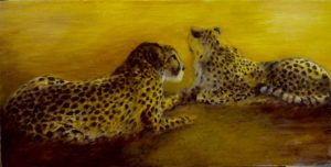 Deux panthères au repos - huile sur bois 14 cm x 30 cm